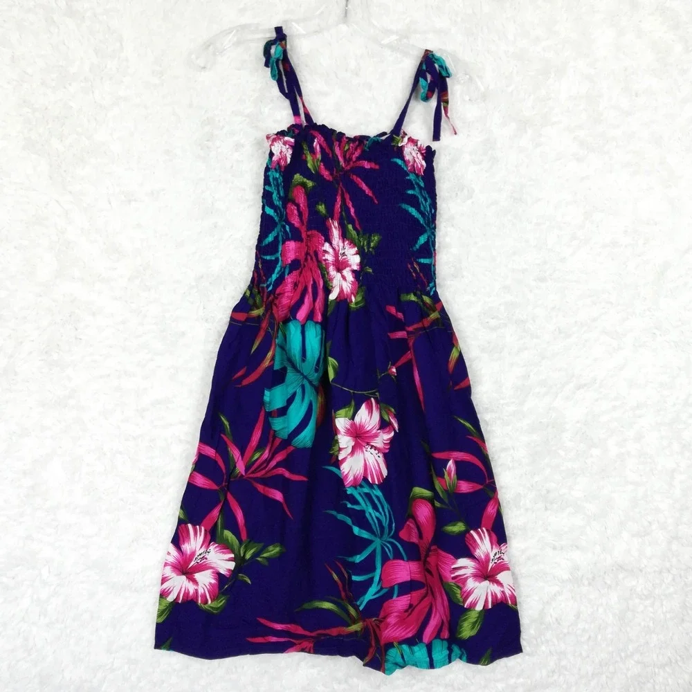 Hibiscus Collection Hawaii Girls Smocked Sundress Tropical Blue Pink OS
